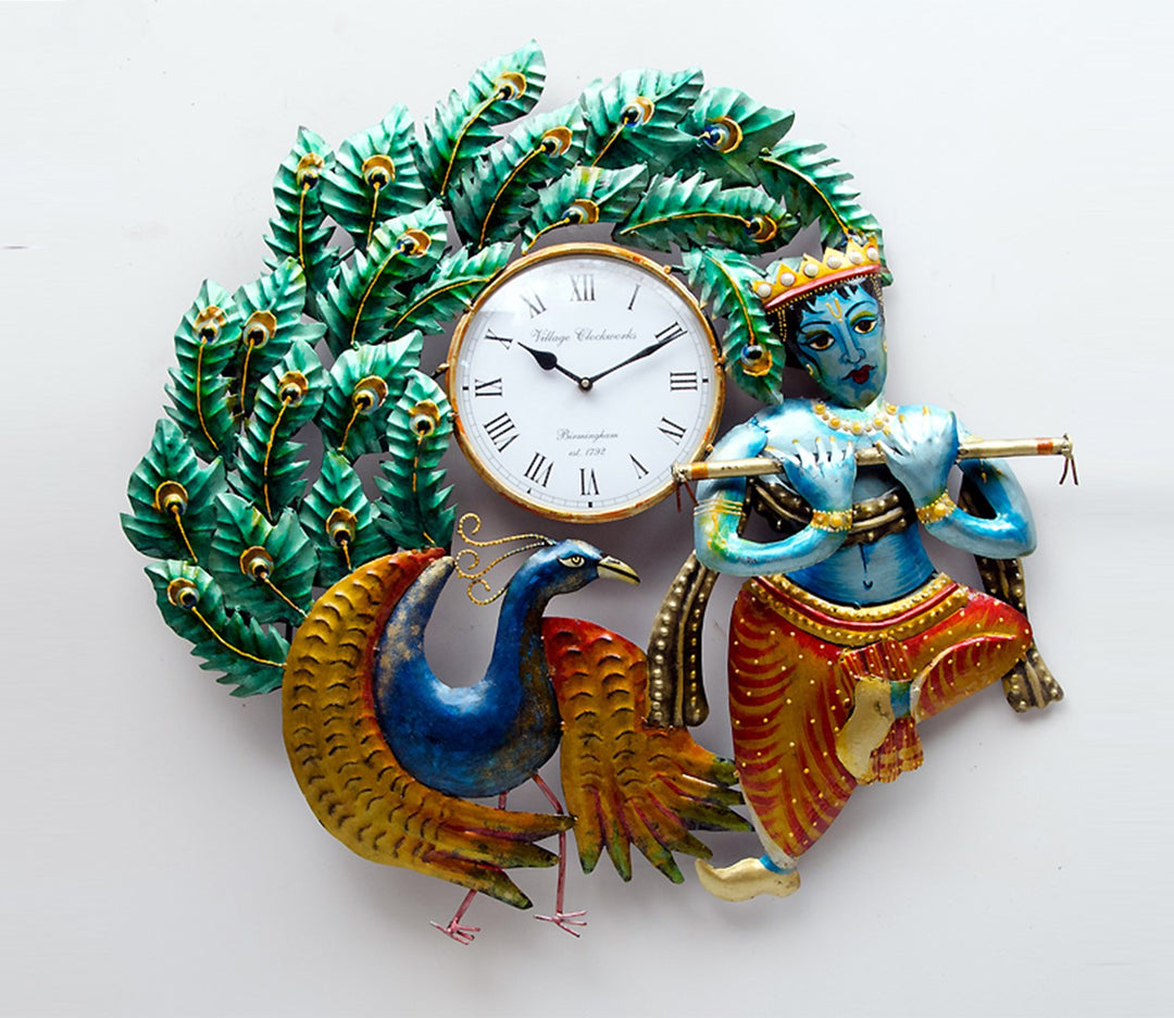 Striking Krishna with Iron Peacock Wall Clock