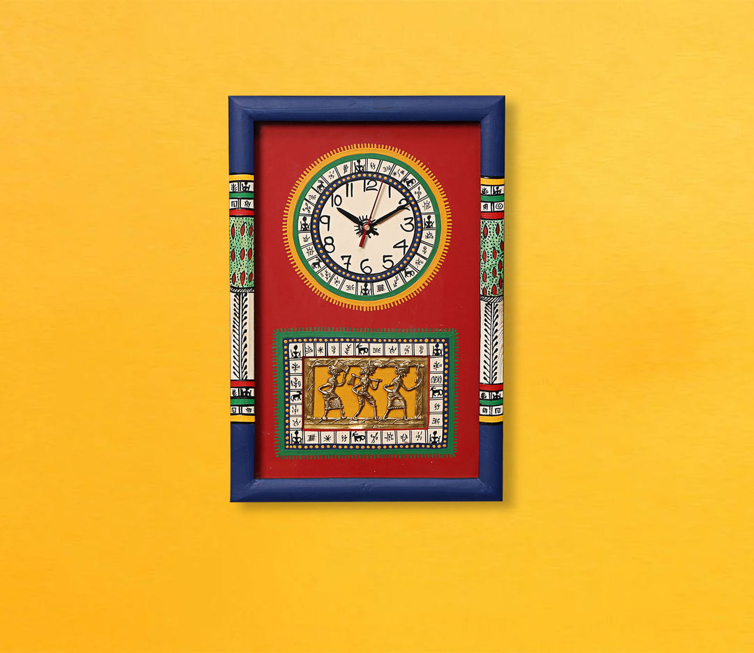 Striking Red Handcrafted Dhokra Art Glass Frame Wall Clock