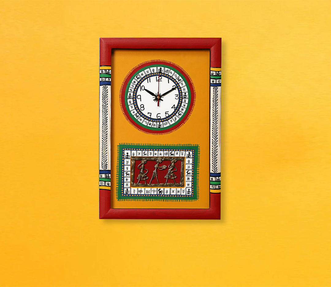 Yellow Handcrafted Dhokra Art Glass Frame Wall Clock