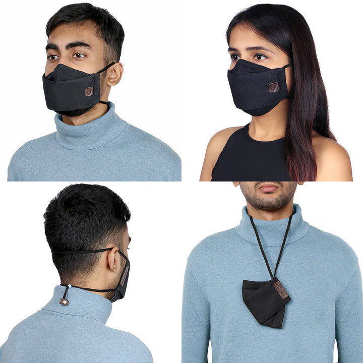 Plain Black Face Mask | Adjustable Cotton Mask with Leather Accents