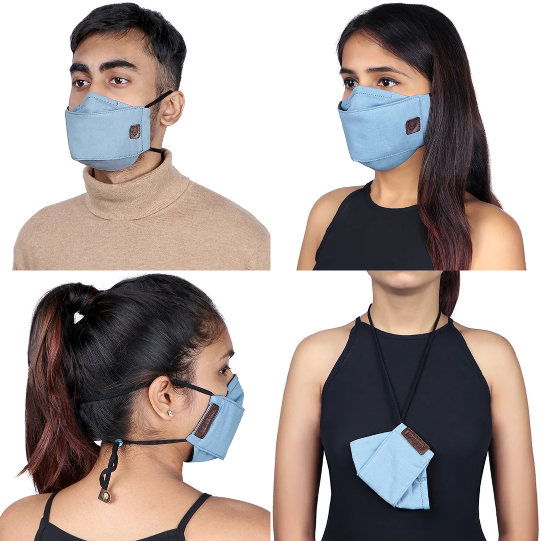 Blue Face Mask With Brown Leather | Blue Cotton Mask with Leather Accents