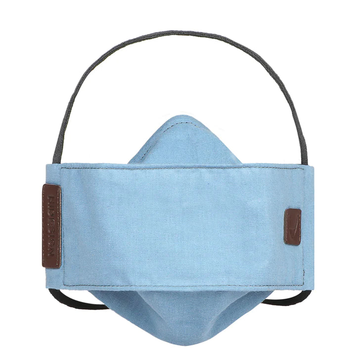 Blue Face Mask With Brown Leather | Blue Cotton Mask with Leather Accents