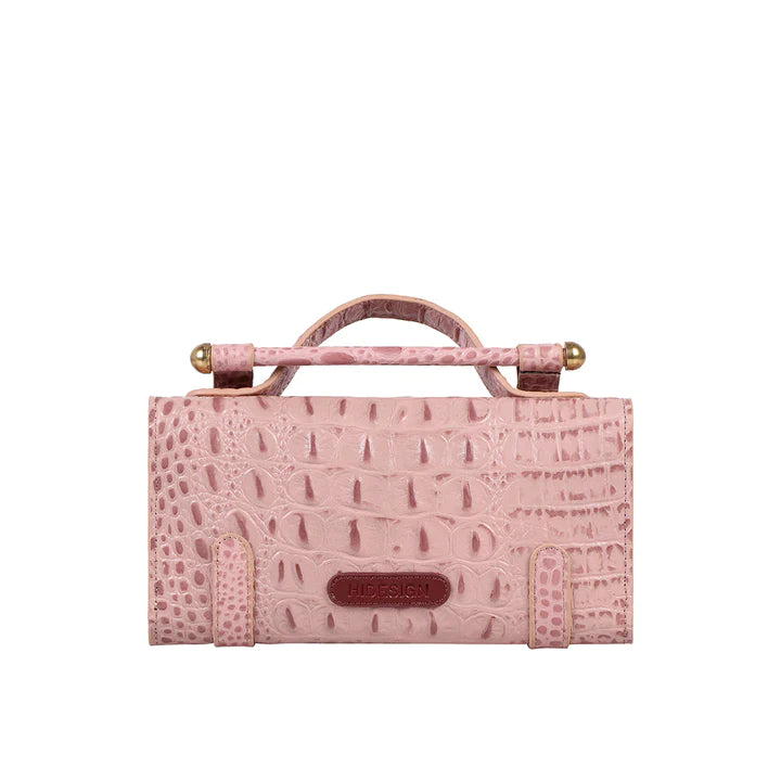 Pink Leather Sling Wallet | Elegant Pink Shiny Baby Croco Sling Wallet