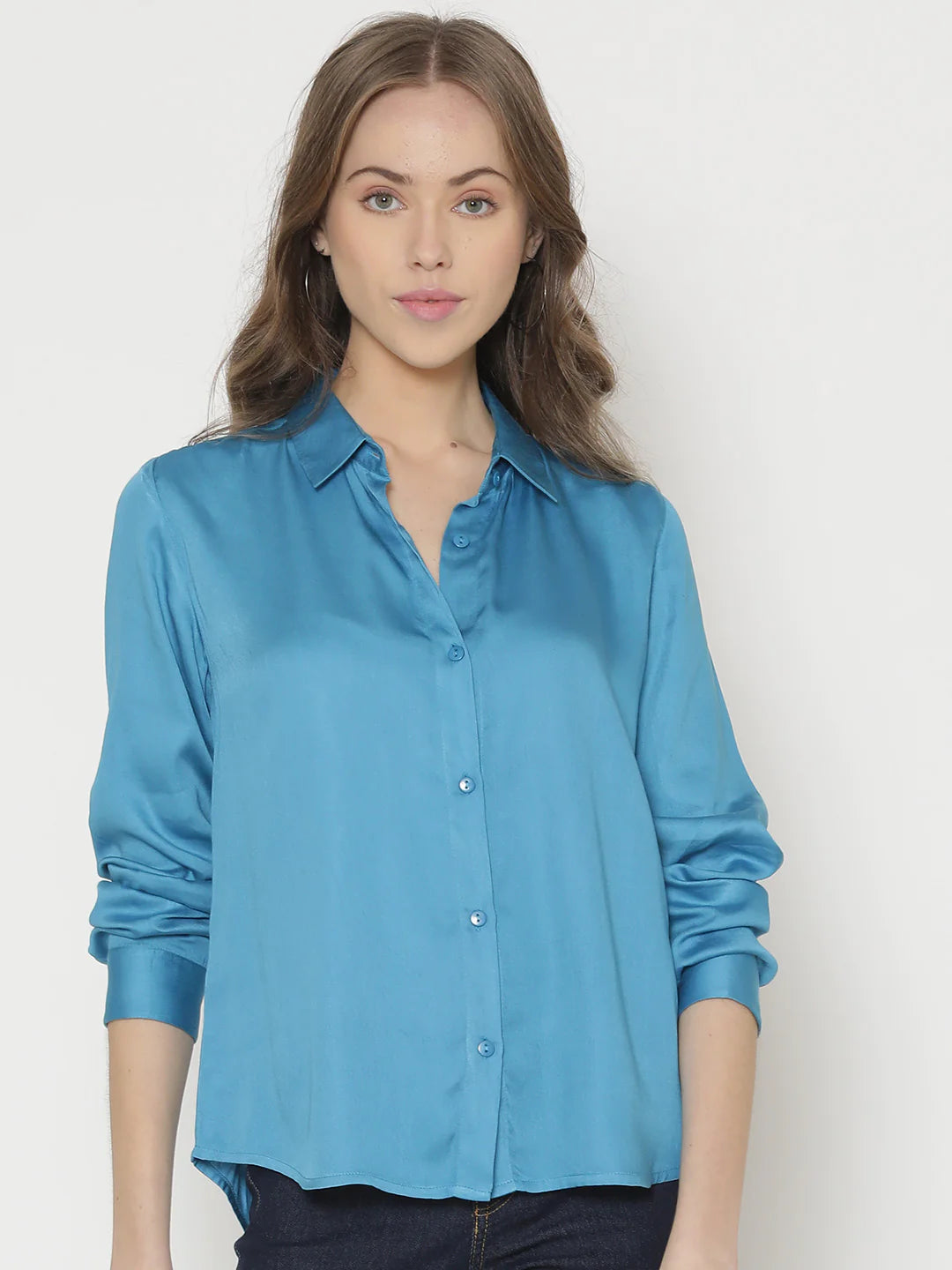 Blue Button-Down Shirt for Women | Satin Bliss Button-Down Shirt