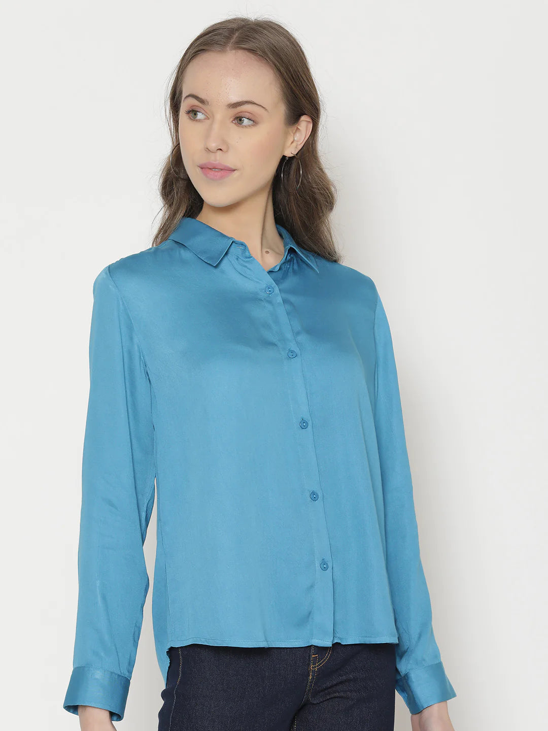 Blue Button-Down Shirt for Women | Satin Bliss Button-Down Shirt