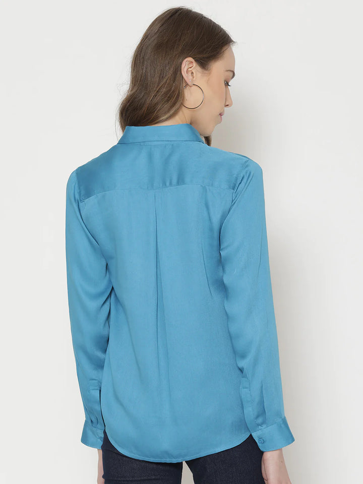 Blue Button-Down Shirt for Women | Satin Bliss Button-Down Shirt