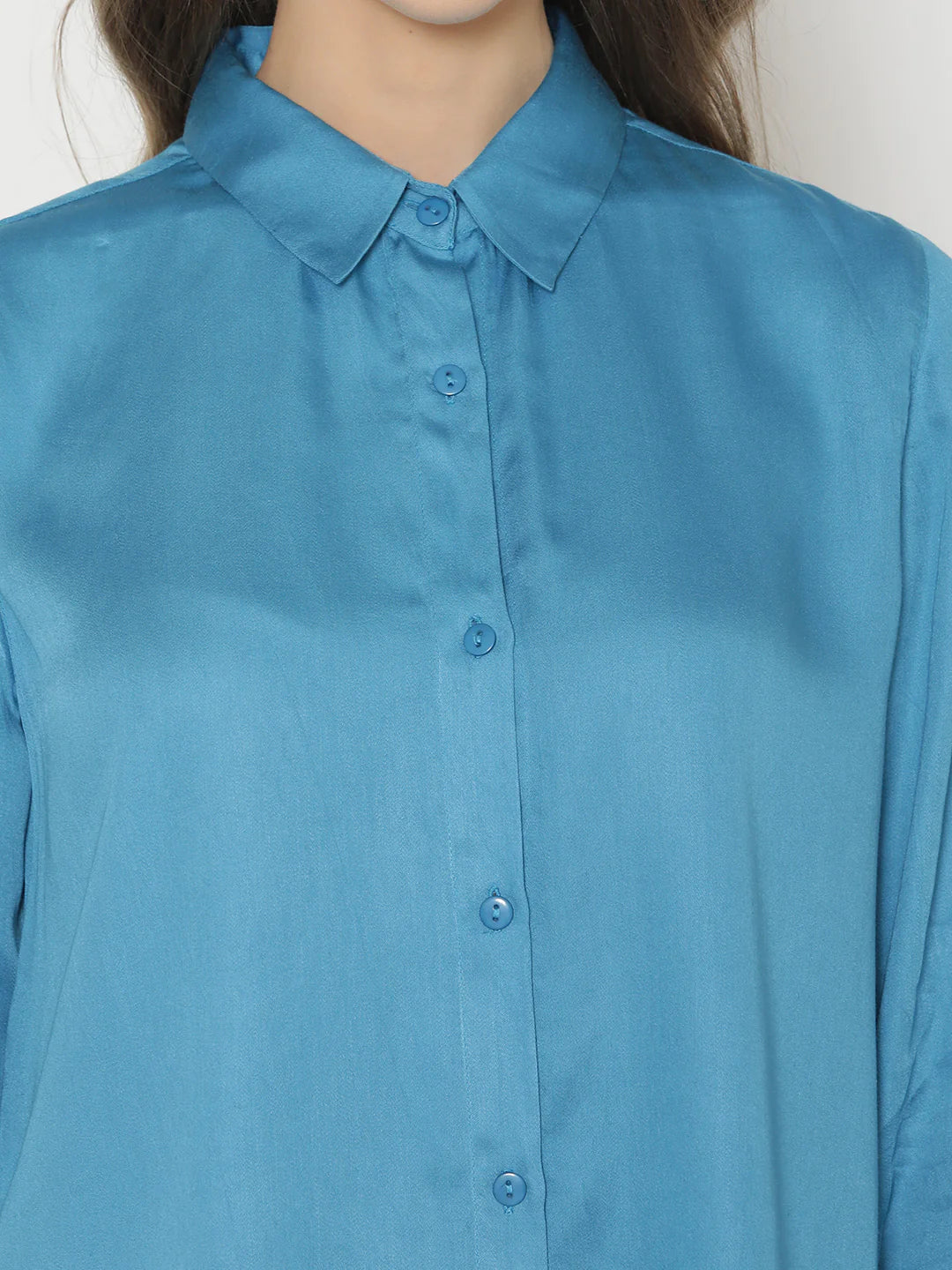 Blue Button-Down Shirt for Women | Satin Bliss Button-Down Shirt