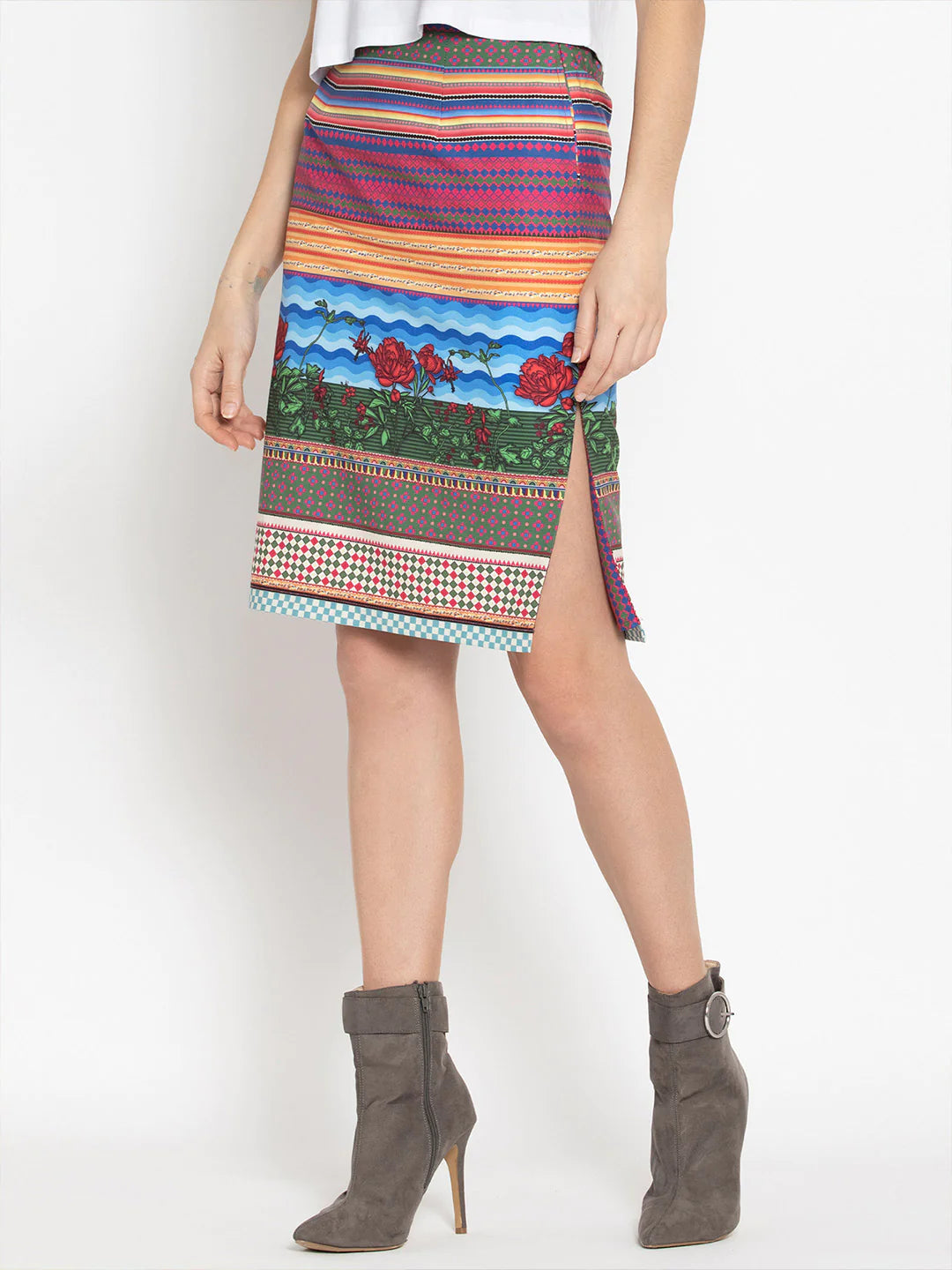 Pencil Skirt with Side Slit | Groovy Print Pencil Skirt with Side Slit