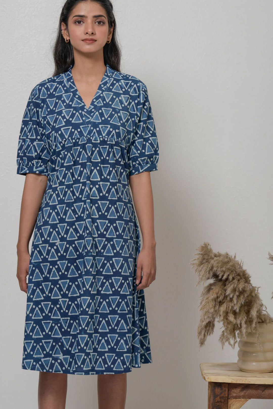 Handwoven Cotton Dress with Bagru Motifs - Summer Classic | Aika Handwoven Cotton Dress - Blue