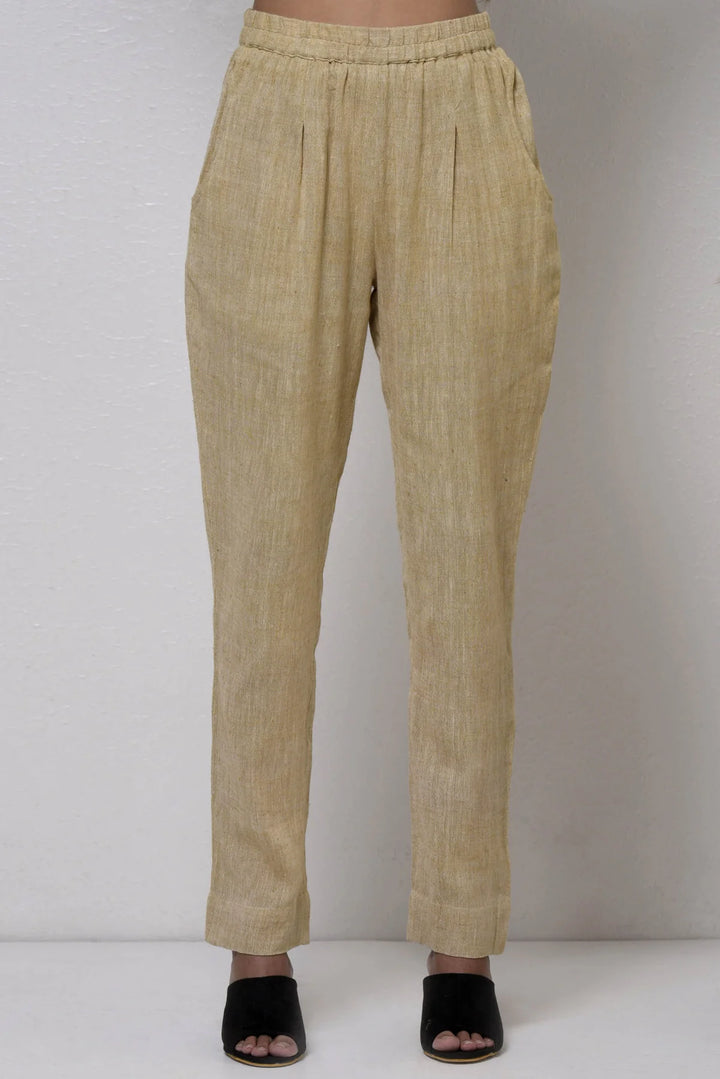 Beige Cotton Elastic Waist Trousers | Ayane Handwoven Trousers - Beige