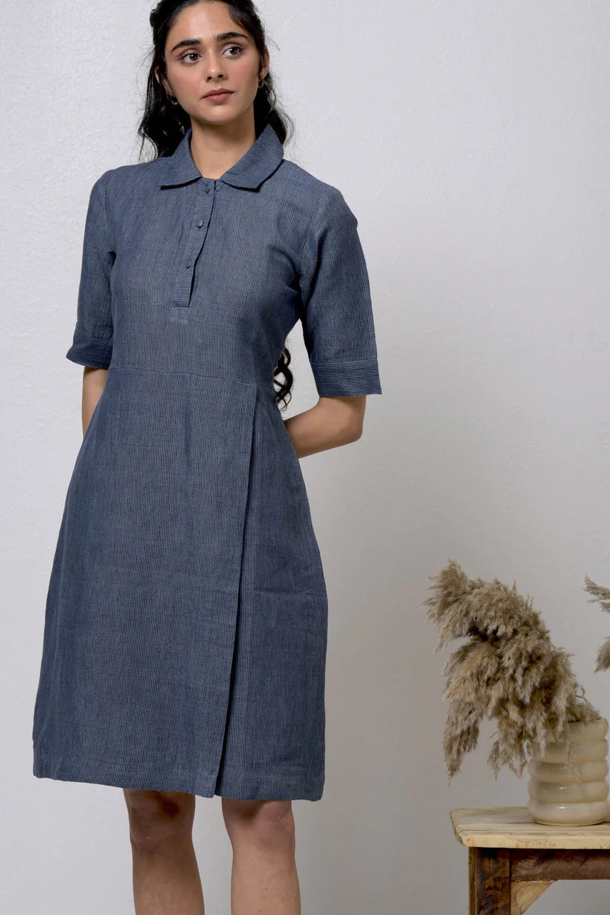 Gray Cotton Dress with Johny Collar | Johny Collar Handwoven Cotton Dress - Blue