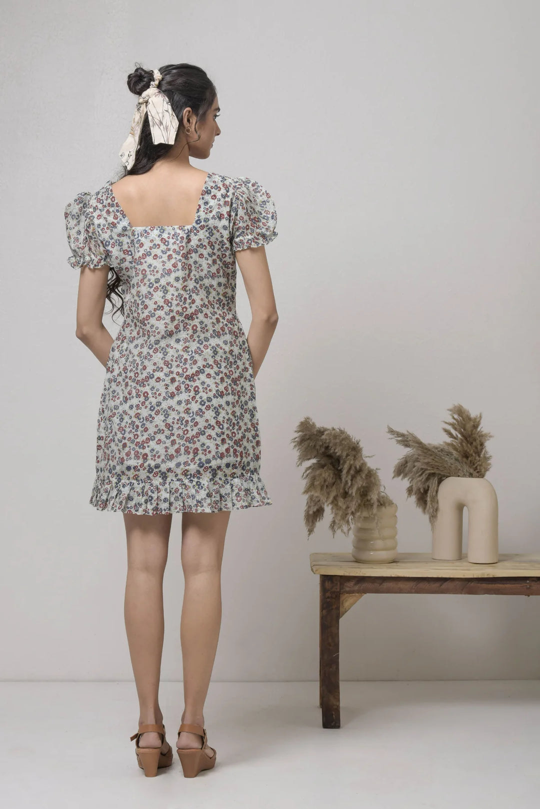 Floral Motif Handwoven Cotton Dress | Square Neck Handwoven Cotton Dress - Gray