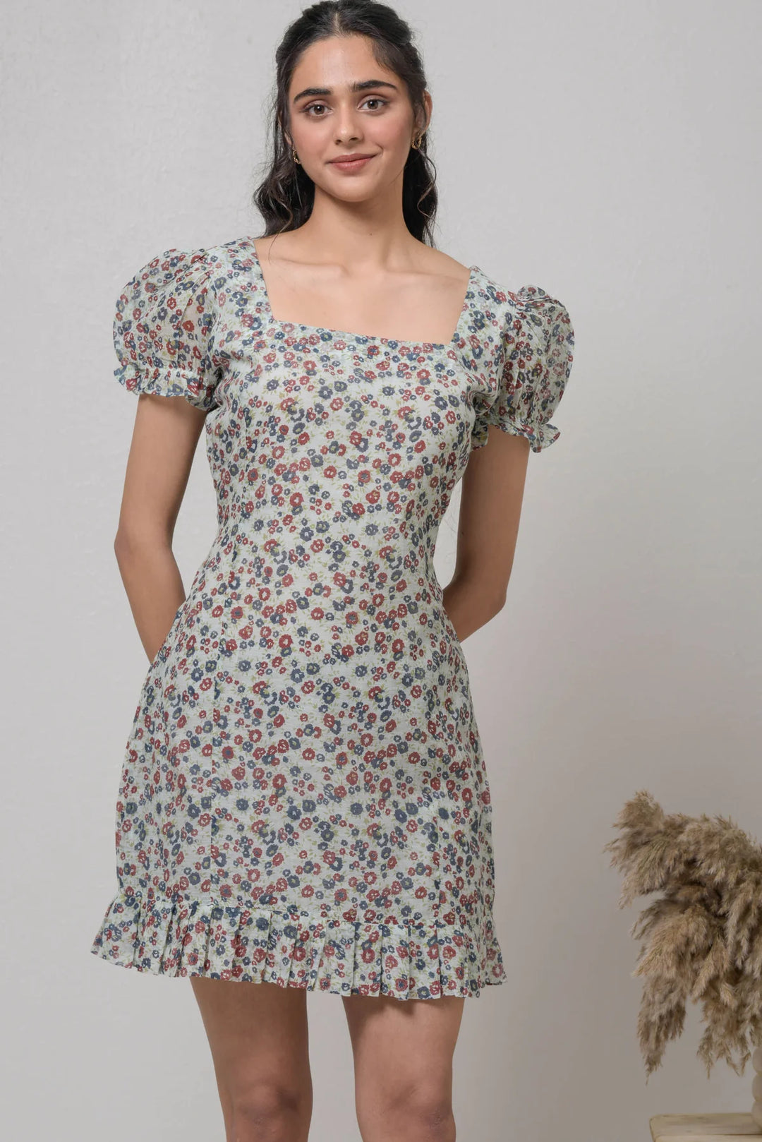 Floral Motif Handwoven Cotton Dress | Square Neck Handwoven Cotton Dress - Gray