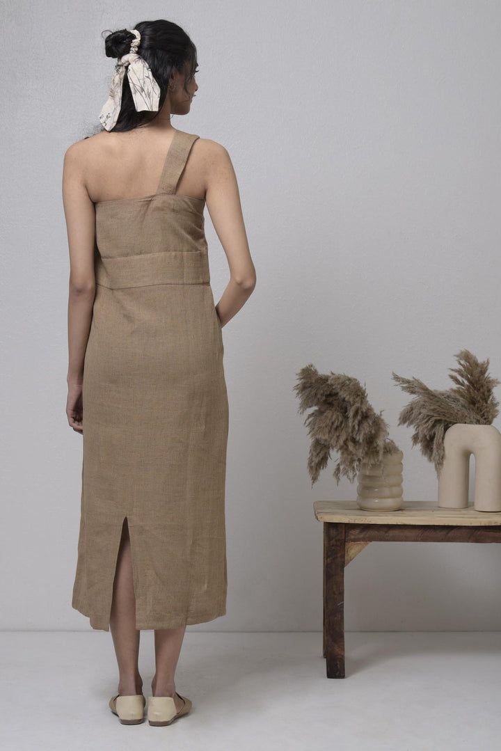 Olive Brown Linen Dress with Stole | One Shoulder Dress - Olive Brown