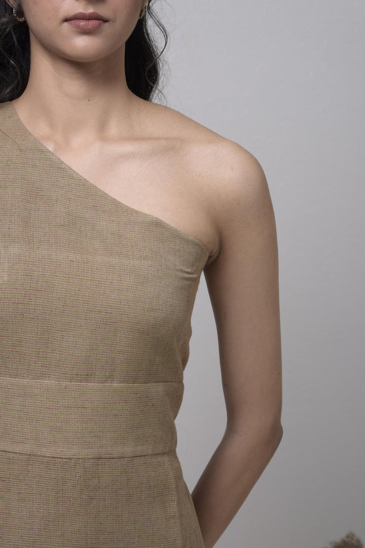 Olive Brown Linen Dress with Stole | One Shoulder Dress - Olive Brown