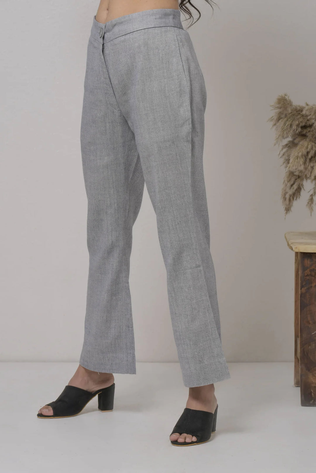 Handwoven Cotton Trousers: Regular Fit, Ankle Length, Care Instructions Included | Mika Handwoven Trousers - Gray