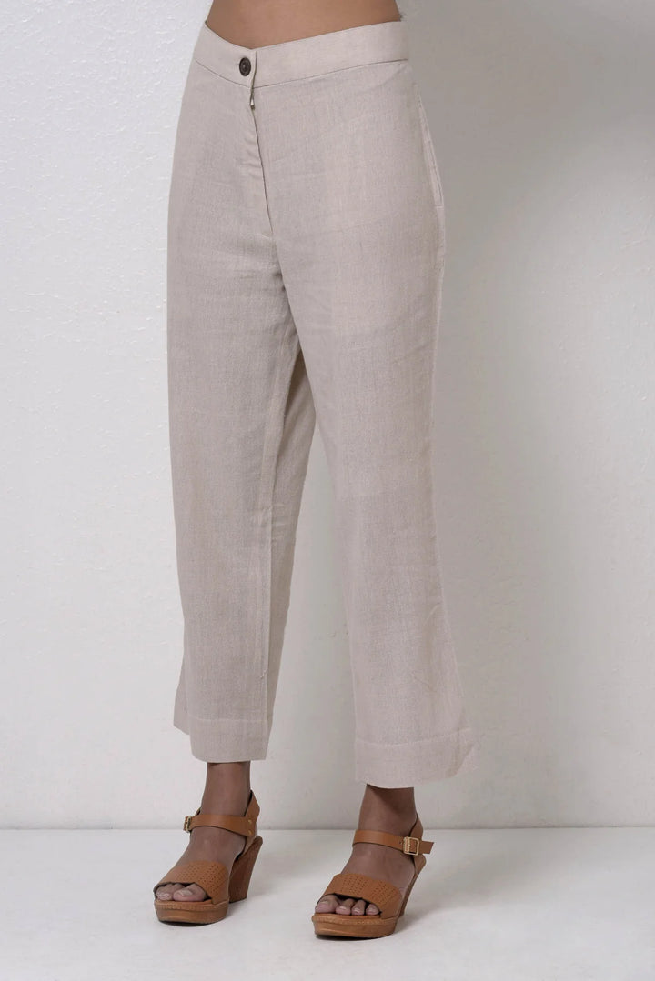 Handwoven Beige Cotton Trousers - Classic Low Ankle Length | Ohana Handwoven Trousers - Beige