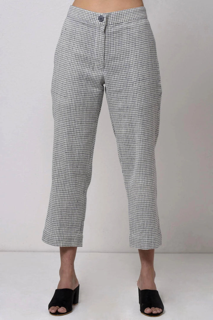 White and Blue Check Handwoven Cotton Trousers | Reina Handwoven Trousers - White & Blue