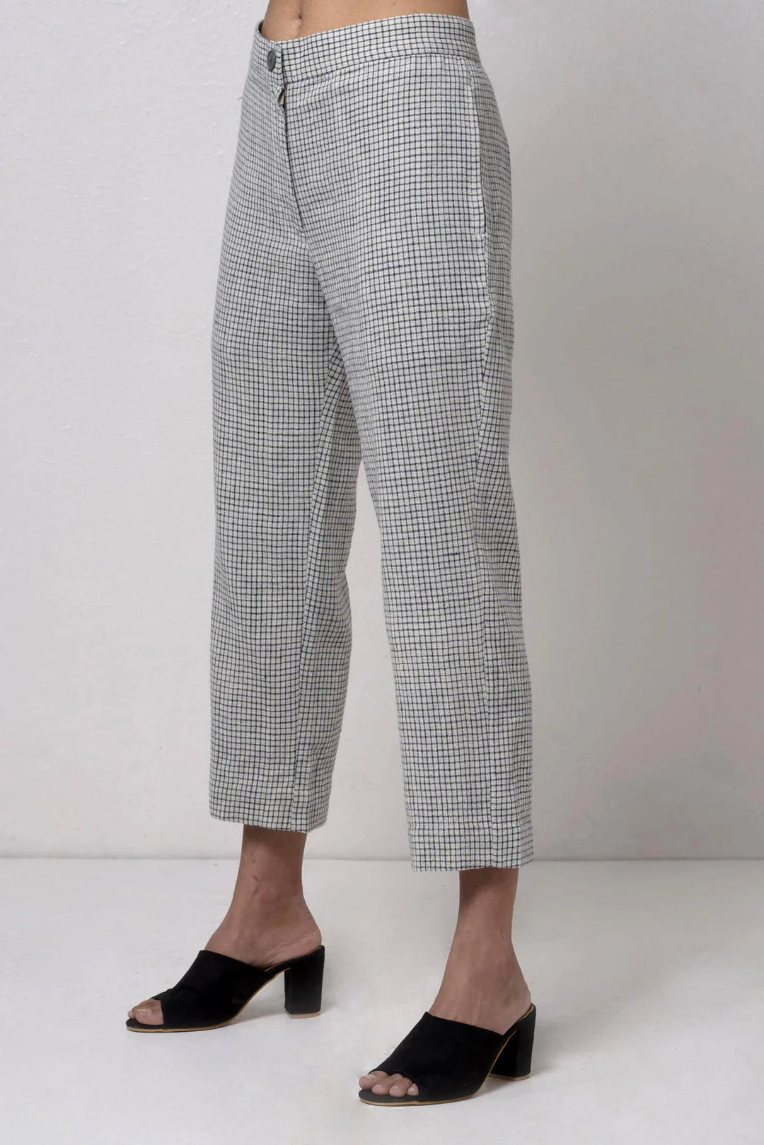 White and Blue Check Handwoven Cotton Trousers | Reina Handwoven Trousers - White & Blue