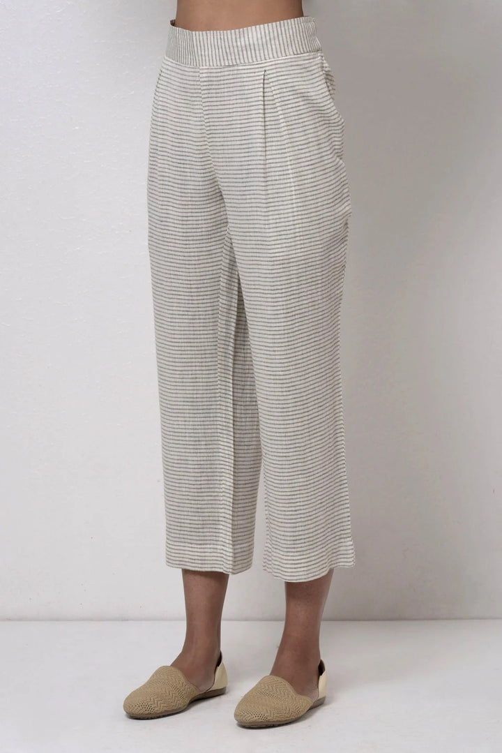 Off-White Striped Cotton Summer Trousers | Sachi Handwoven Trousers - Off-White