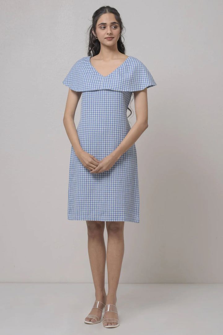 Handwoven Cotton Dress: Blue & White, Sleeveless, Vintage Charm | Mia Handwoven Cotton Dress - Blue