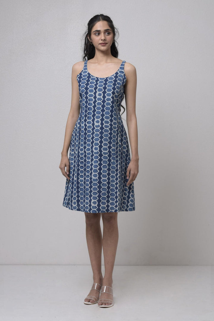 Sleeveless Slate Blue Cotton Dress with Stole | Sleeve Less Round Neck Dress - Slate Blue