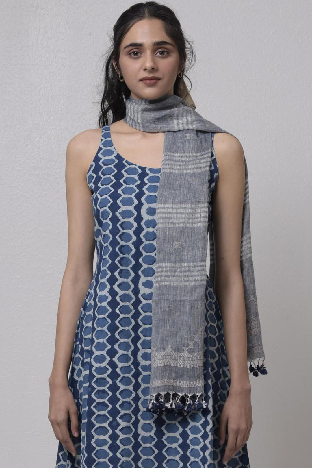 Sleeveless Slate Blue Cotton Dress with Stole | Sleeve Less Round Neck Dress - Slate Blue