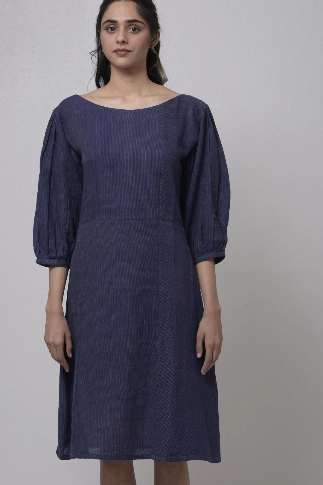 Navy Blue Boat Neck Dress with 3/4 Sleeves | Boat Neck Handwoven Dress - Navy Blue