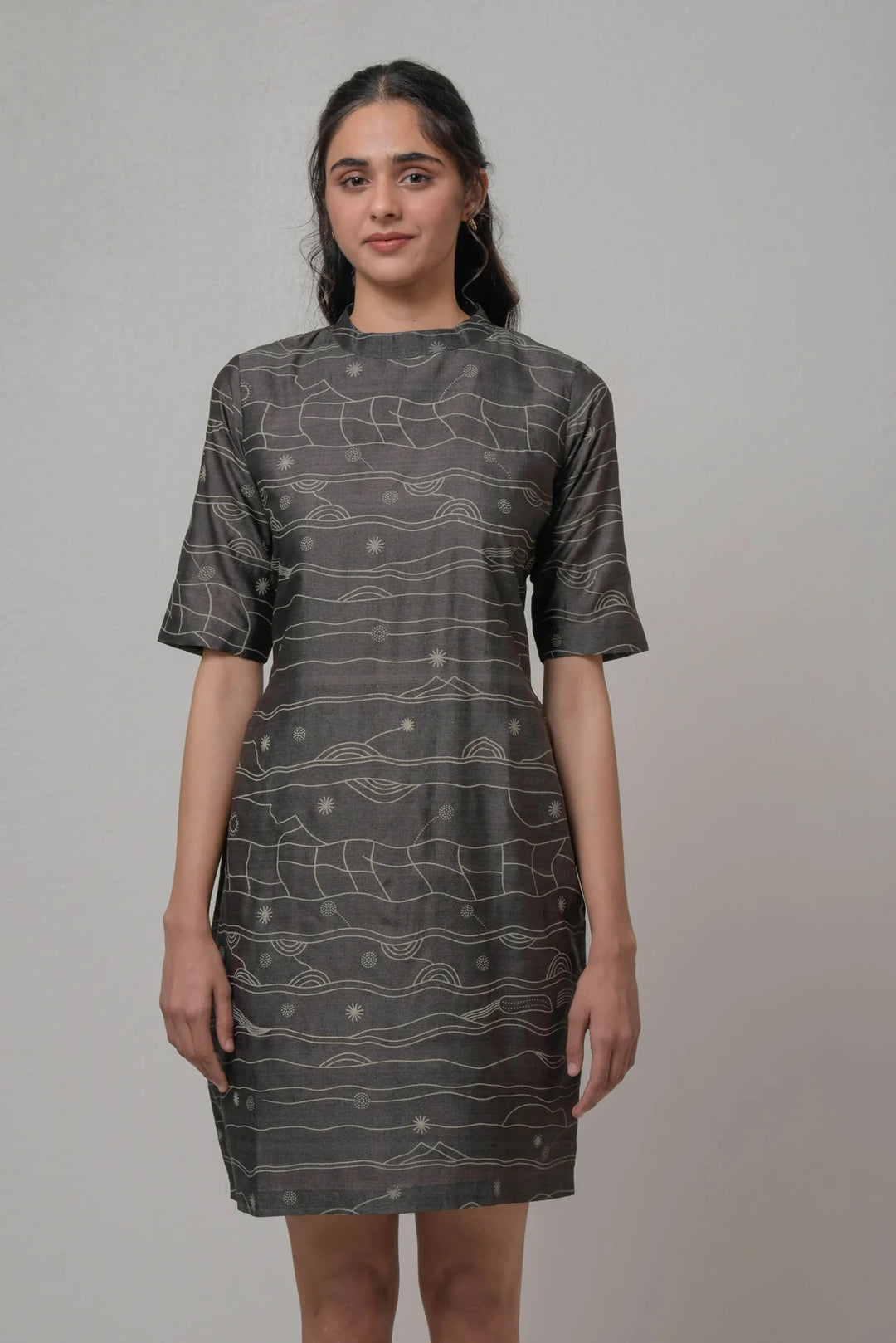 Handwoven Silk Dress with Abstract Print | Ellone Handwoven Cotton Dress - Gray