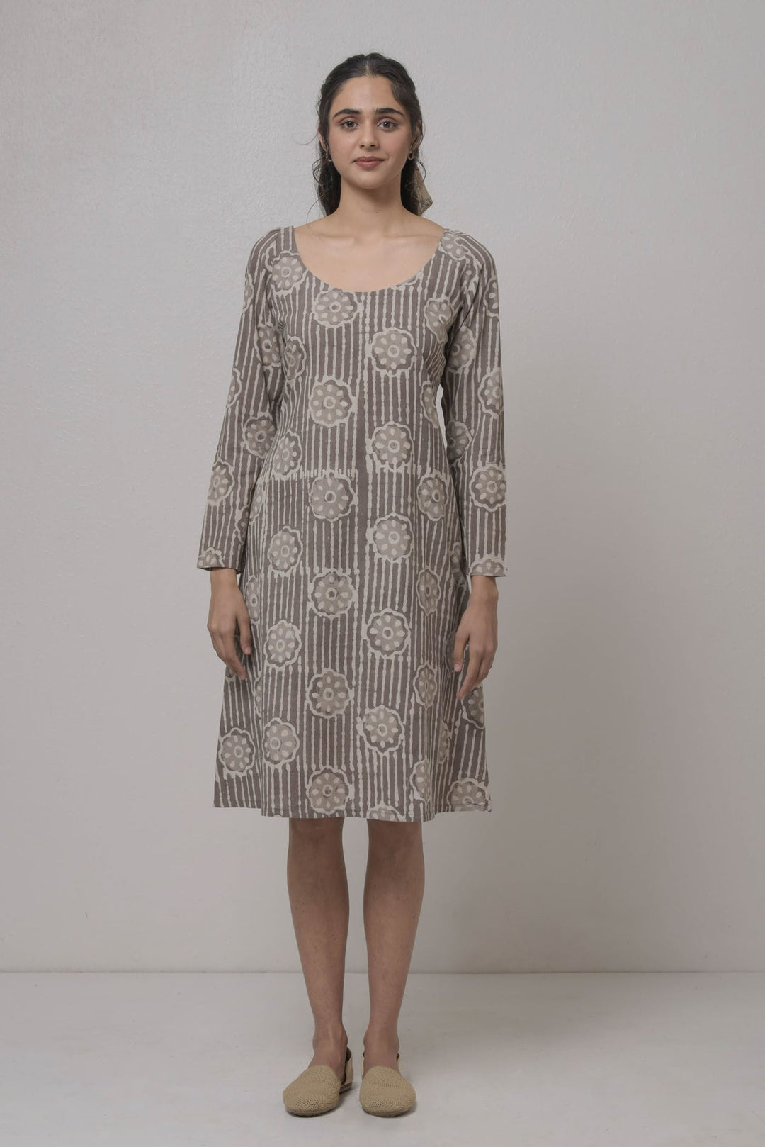 Hand-Printed Cotton Dress in Brown and Beige | Khari Handwoven Cotton Dress - Brown & Beige