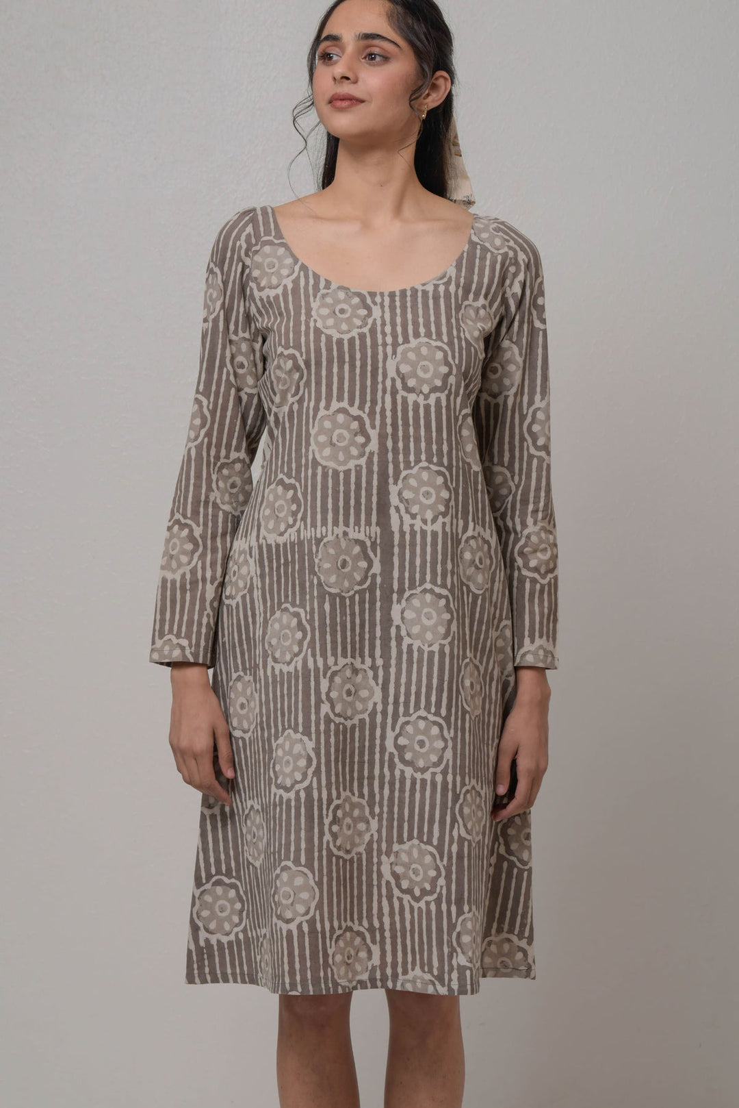 Hand-Printed Cotton Dress in Brown and Beige | Khari Handwoven Cotton Dress - Brown & Beige