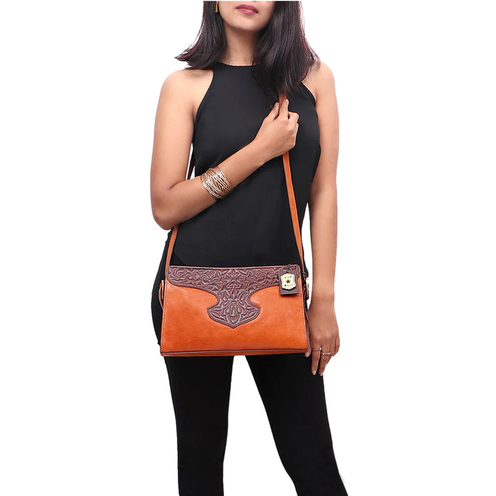 Tangerine Leather Sling Bag | Western Charm Tangerine Burnt Leather Sling Bag