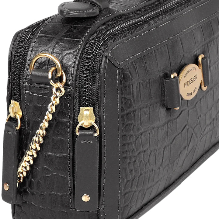 Black Leather Sling Bag | Classic Black Croco Leather Sling Bag
