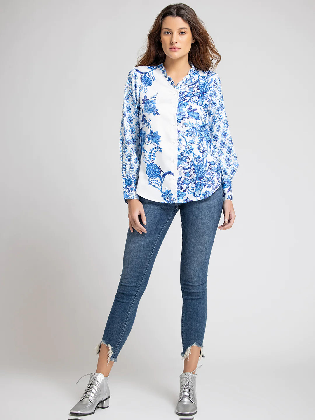 Blue Printed Shirt for Women | Indigo Elegance Printed Satin Shirt