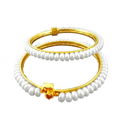 White Button Freshwater Pearl Bangles: 6-6.5 Inches, Clip-On Closure | Pure Elegance Pearl Bangles