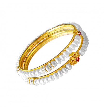 White Pearl Bangle with CZ - 6-6.5 Inch | Sparkling Button Pearl Bangles