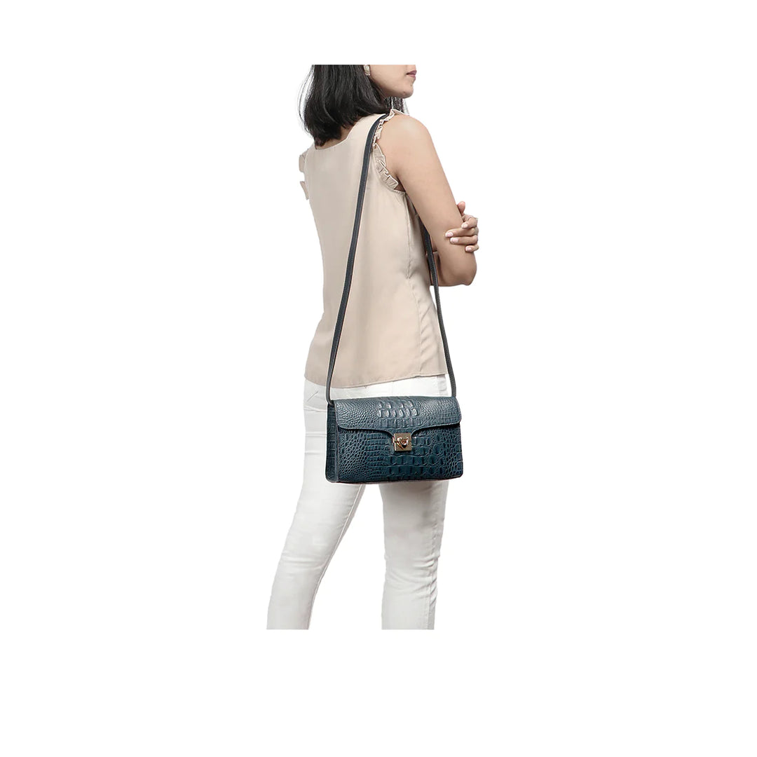 Blue Leather Crossbody Bag | Effortlessly Chic Baby Croco Shiny Crossbody Bag