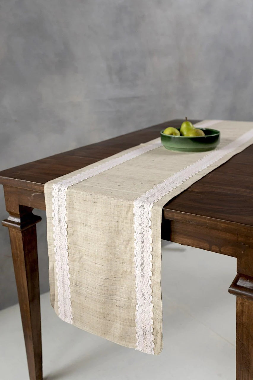 Beige Silk Table Runner with Lace Edges | Sobremesa Handwoven Table Runner - Beige