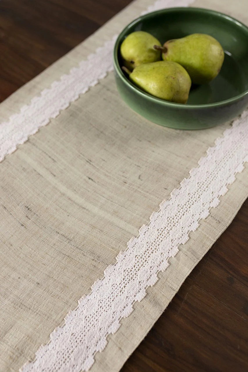 Beige Silk Table Runner with Lace Edges | Sobremesa Handwoven Table Runner - Beige