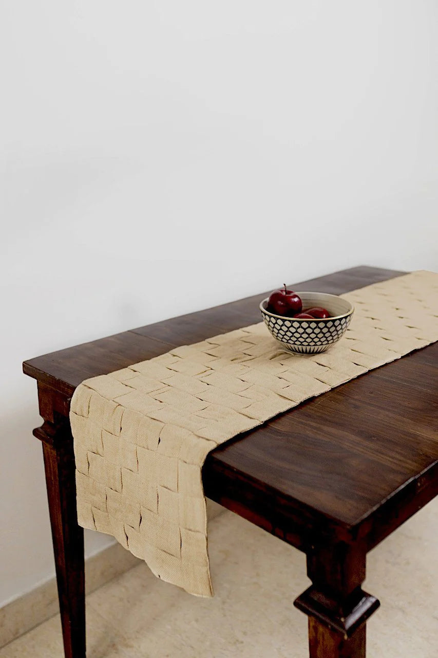 Beige Handwoven Table Runner with Organic Design and Indian Craftsmanship | Double Entendre Handwoven Table Runner - Beige