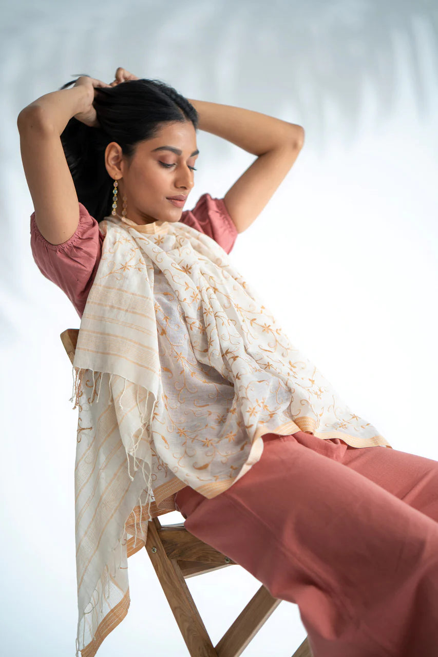 White Cotton Stole with Jacquard Borders and Embroidery | Bela Handwoven Cotton Stole - White