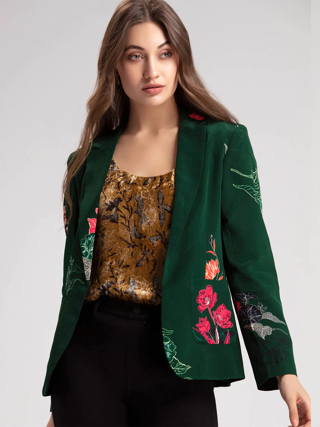 Women Green Floral Jacket | Green Floral Print Winter Jacket