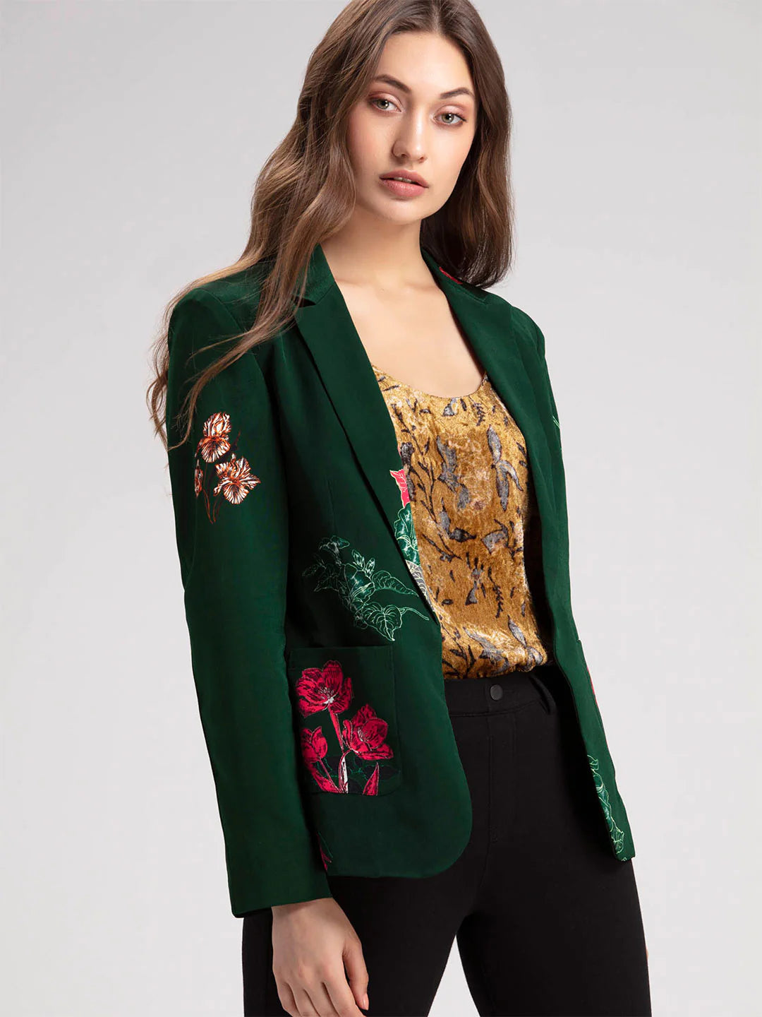 Women Green Floral Jacket | Green Floral Print Winter Jacket