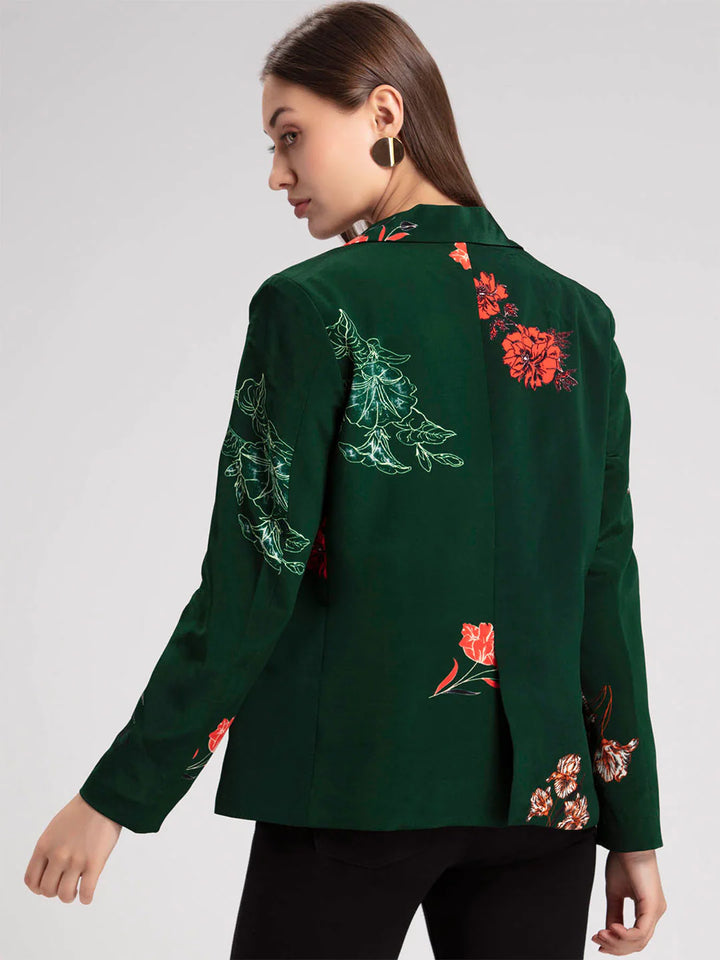 Women Green Floral Jacket | Green Floral Print Winter Jacket
