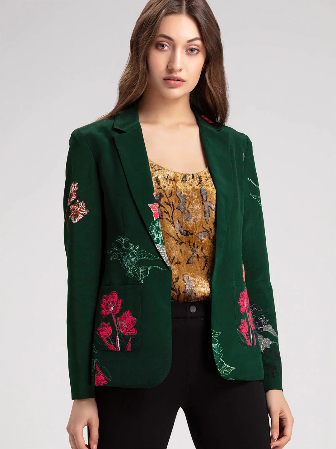 Women Green Floral Jacket | Green Floral Print Winter Jacket