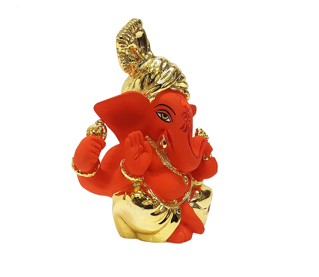 Captivating Mini Ganesha Idol in Gold and Orange with Pagdi