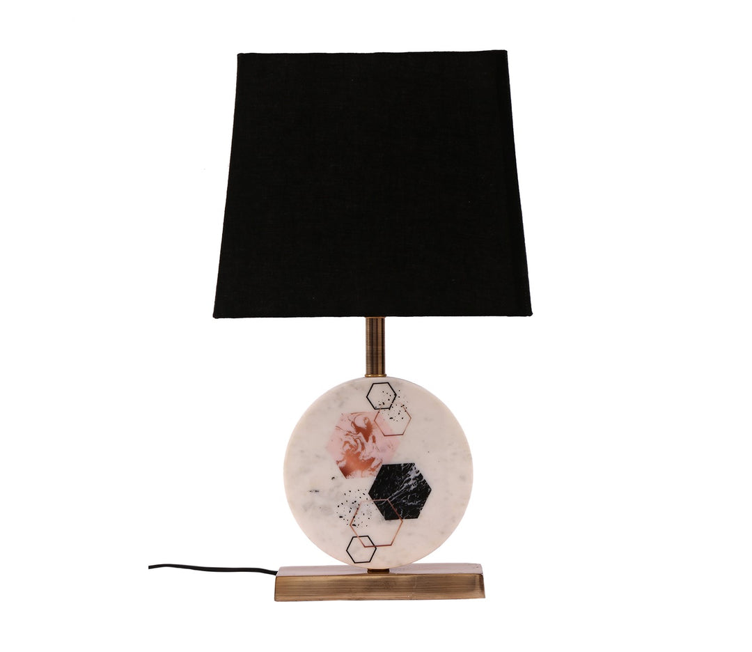 Black Marble Table Lamp with Brass Base & Fabric Shade