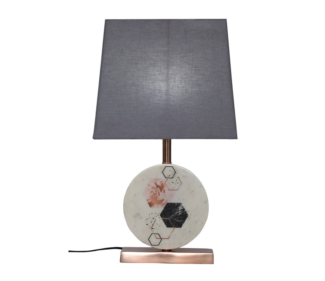 Gray Marble Table Lamp with Copper Base & Fabric Shade