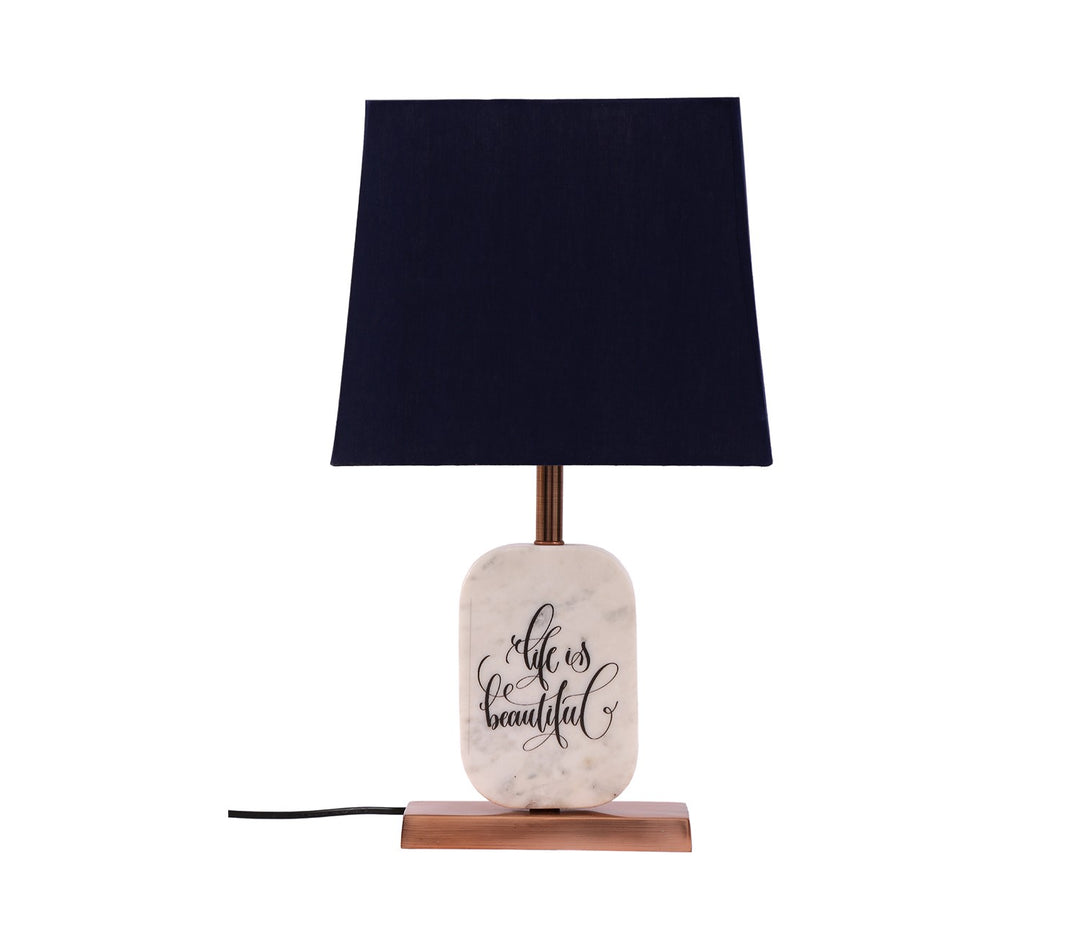 Modern Marble Table Lamp with Blue Shade and Copper Accents