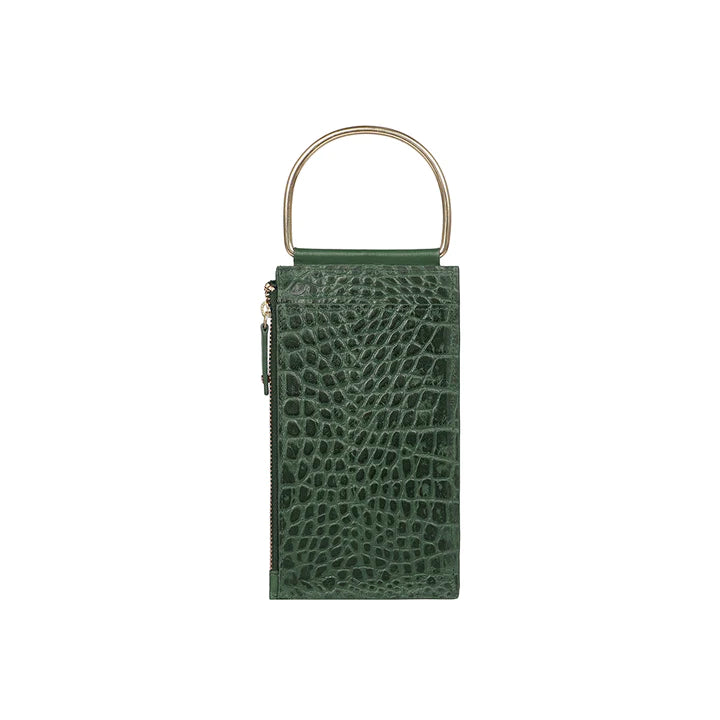Green Leather Sling Wallet | Chic Emerald Shiny Croco Sling Wallet